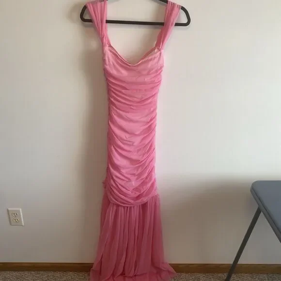 Norma Kamali Pink Walter Ruched Off‎ The Shoulder Fishtail Gown Size XS - Picture 4 of 16